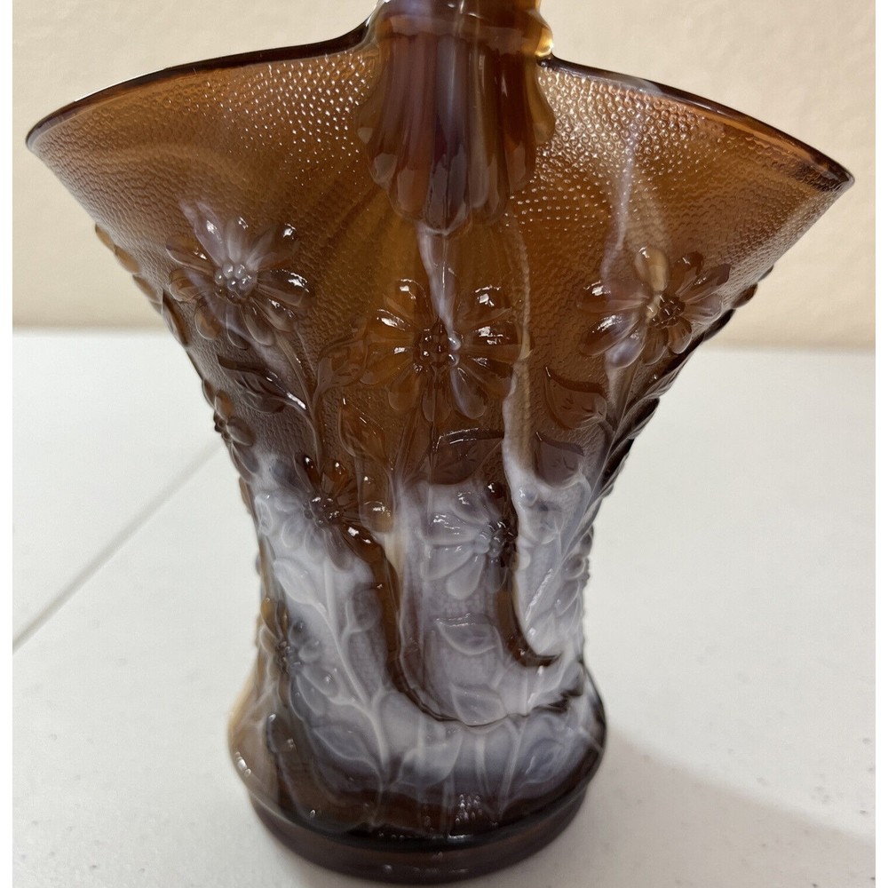 Vintage Imperial Dark Caramel Root Beer Slag Glass Tall Daisy Basket 10 In Tall - Picture 7 of 16